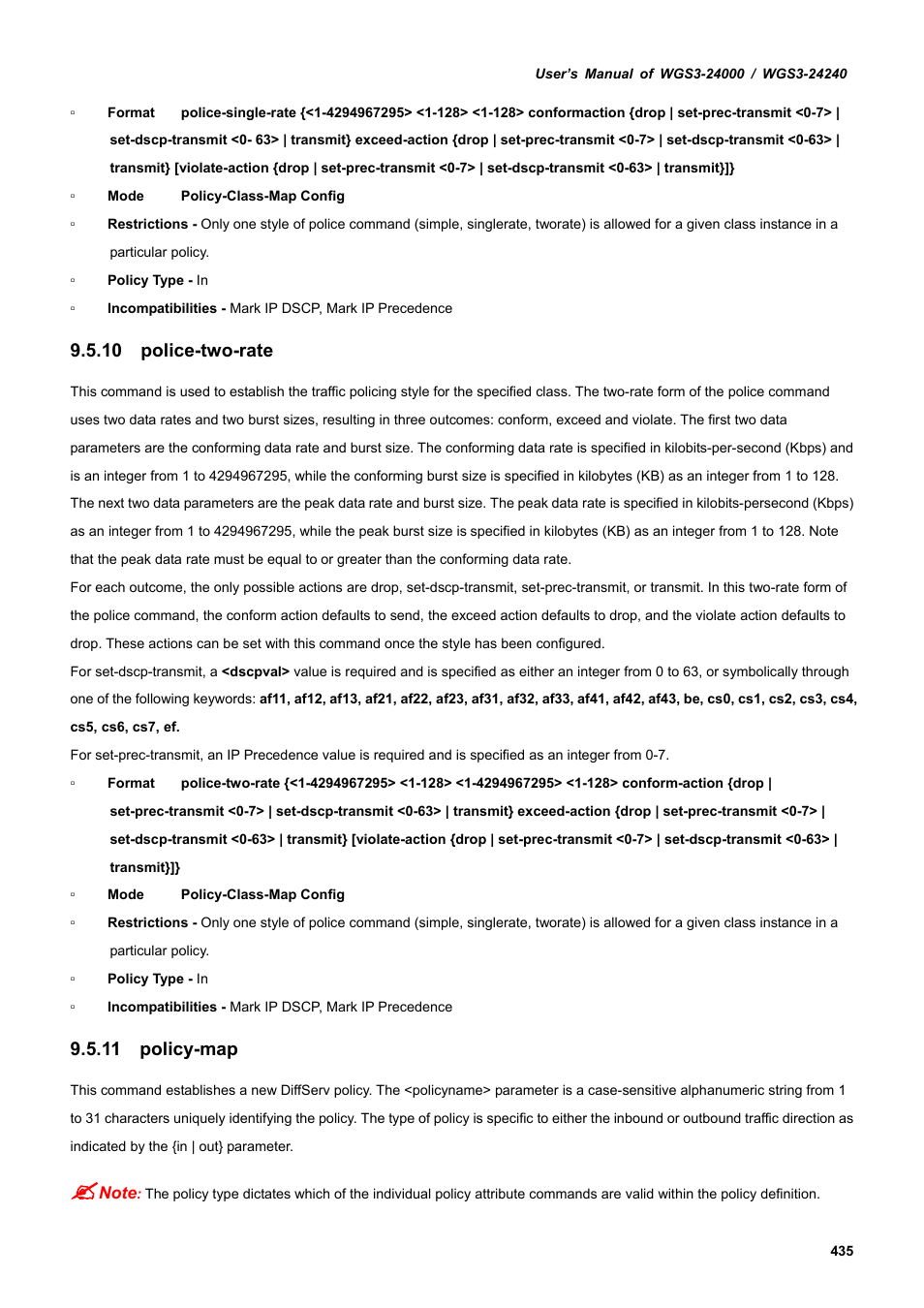 10 police-two-rate, 11 policy-map | PLANET WGS3-24240 User Manual | Page 435 / 570