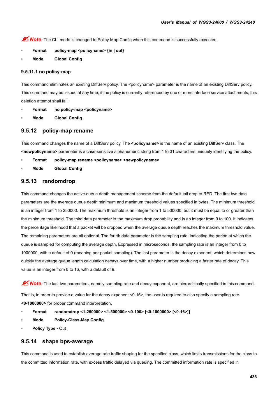 12 policy-map rename, 13 randomdrop, 14 shape bps-average | PLANET WGS3-24240 User Manual | Page 436 / 570