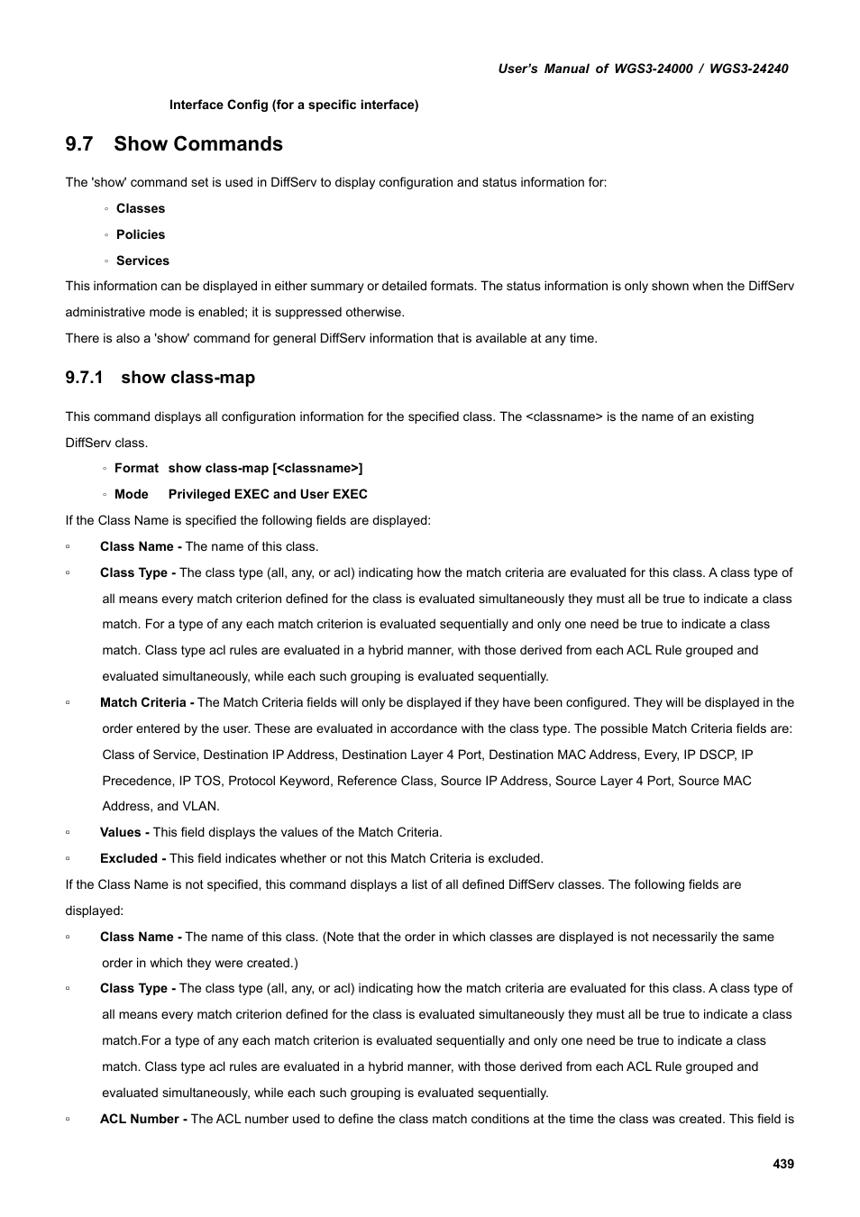 7 show commands, 1 show class-map | PLANET WGS3-24240 User Manual | Page 439 / 570