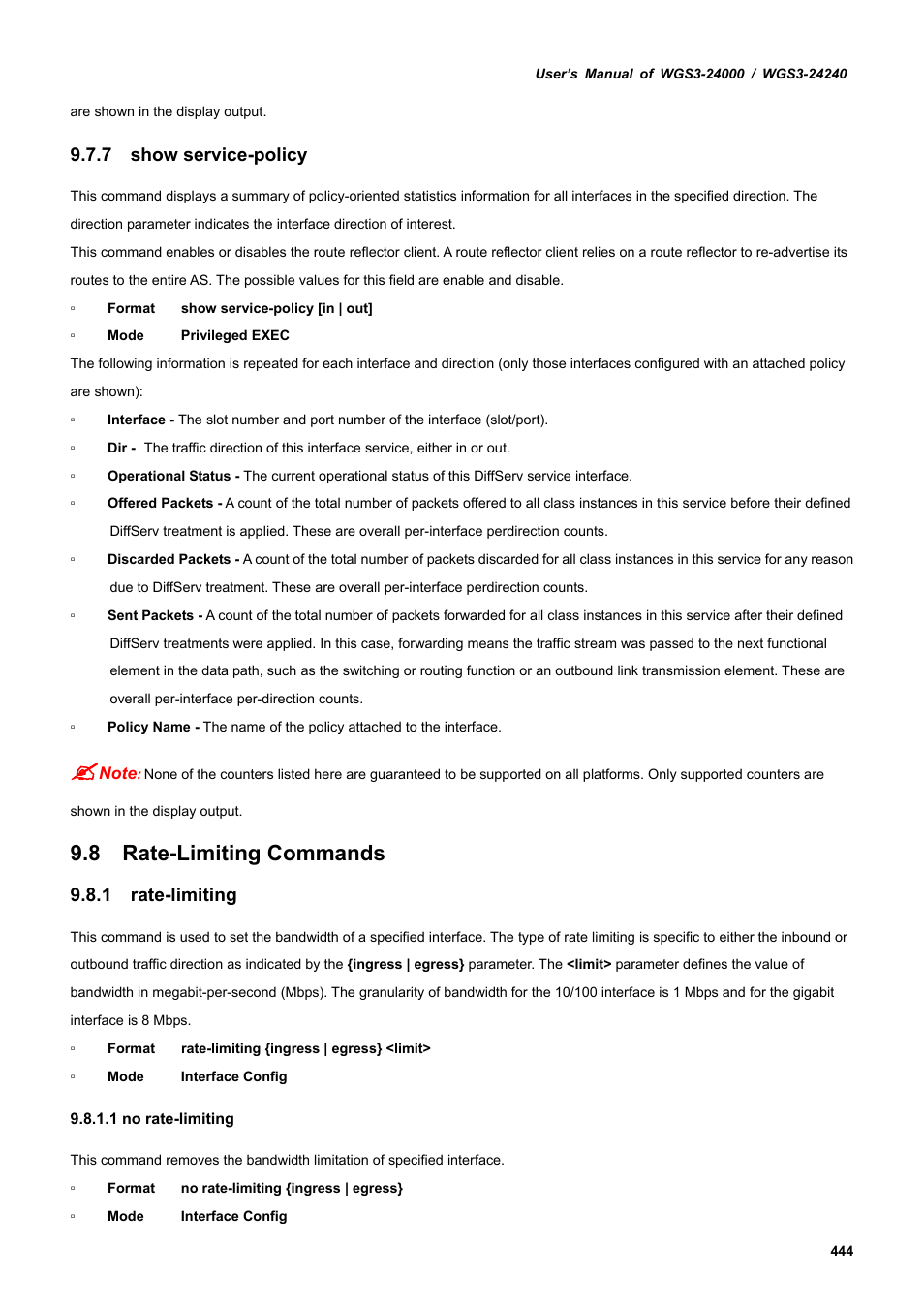 7 show service-policy, 8 rate-limiting commands, 1 rate-limiting | PLANET WGS3-24240 User Manual | Page 444 / 570