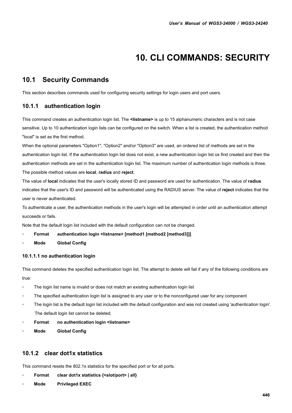 Cli commands: security, 1 security commands, 1 authentication login | 2 clear dot1x statistics | PLANET WGS3-24240 User Manual | Page 446 / 570