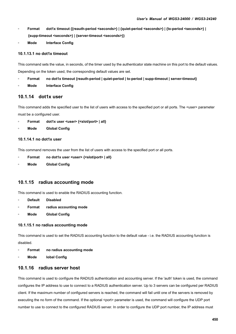 14 dot1x user, 15 radius accounting mode, 16 radius server host | PLANET WGS3-24240 User Manual | Page 450 / 570