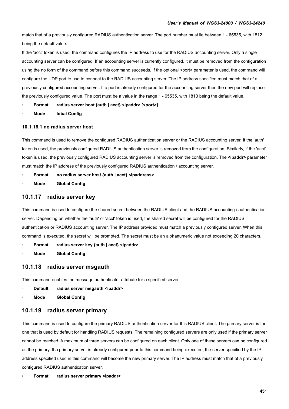 17 radius server key, 18 radius server msgauth, 19 radius server primary | PLANET WGS3-24240 User Manual | Page 451 / 570