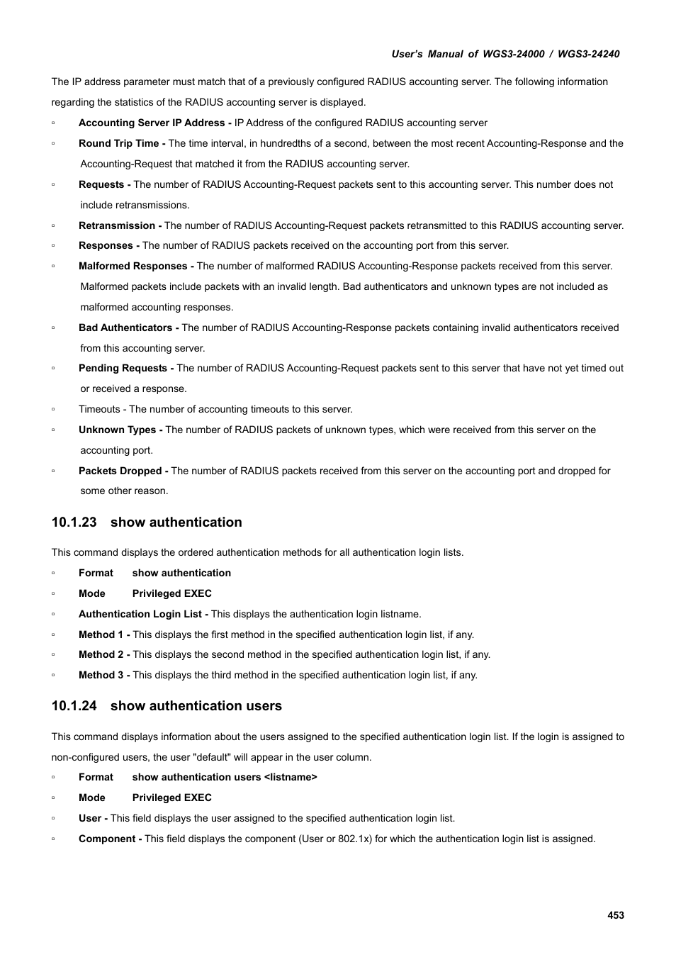 23 show authentication, 24 show authentication users | PLANET WGS3-24240 User Manual | Page 453 / 570