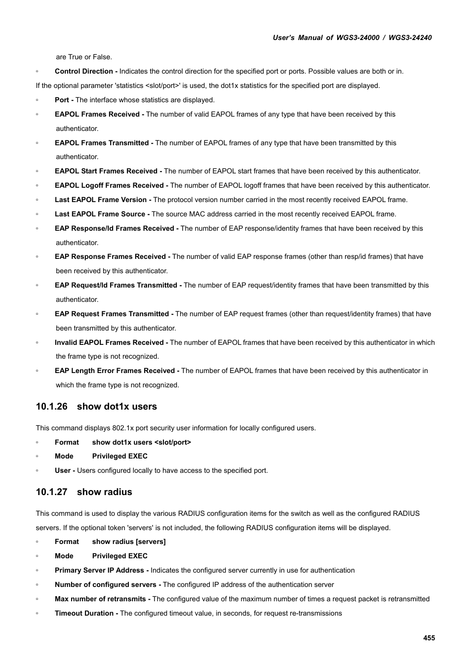 26 show dot1x users, 27 show radius | PLANET WGS3-24240 User Manual | Page 455 / 570