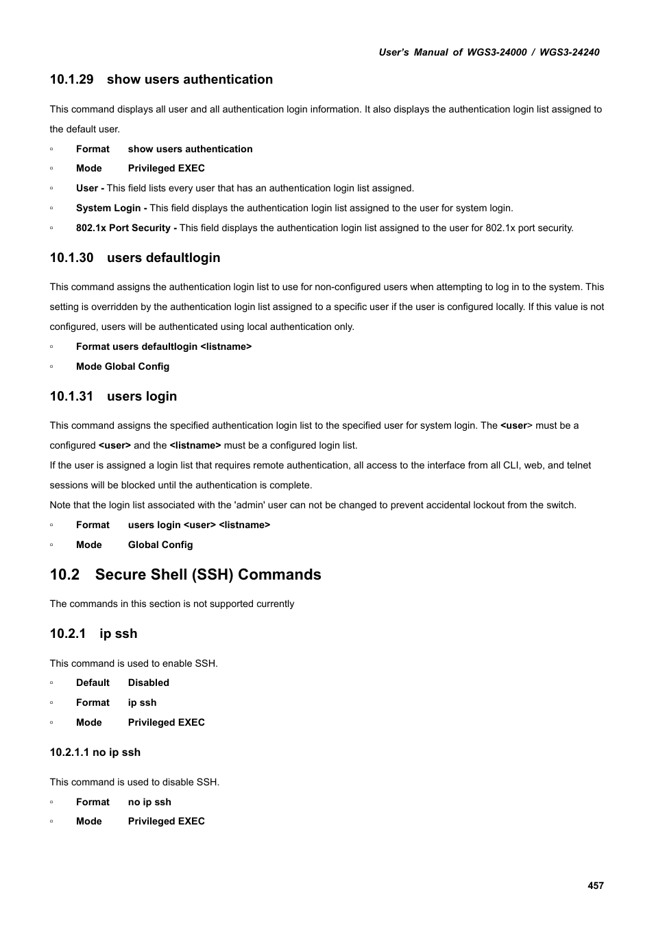 29 show users authentication, 30 users defaultlogin, 31 users login | 2 secure shell (ssh) commands, 1 ip ssh | PLANET WGS3-24240 User Manual | Page 457 / 570