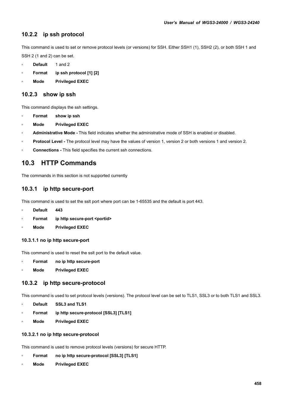 2 ip ssh protocol, 3 show ip ssh, 3 http commands | 1 ip http secure-port, 2 ip http secure-protocol | PLANET WGS3-24240 User Manual | Page 458 / 570