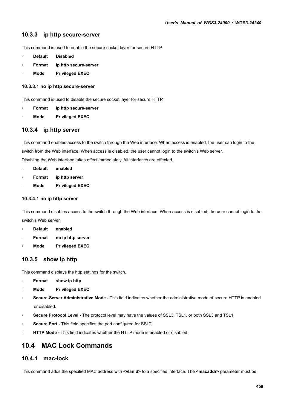 3 ip http secure-server, 4 ip http server, 5 show ip http | 4 mac lock commands, 1 mac-lock | PLANET WGS3-24240 User Manual | Page 459 / 570