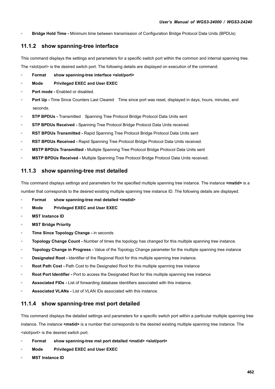 2 show spanning-tree interface, 3 show spanning-tree mst detailed, 4 show spanning-tree mst port detailed | PLANET WGS3-24240 User Manual | Page 462 / 570
