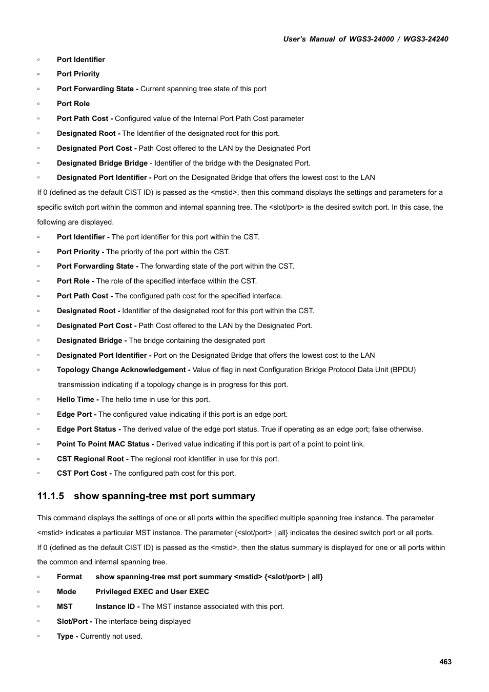 5 show spanning-tree mst port summary | PLANET WGS3-24240 User Manual | Page 463 / 570