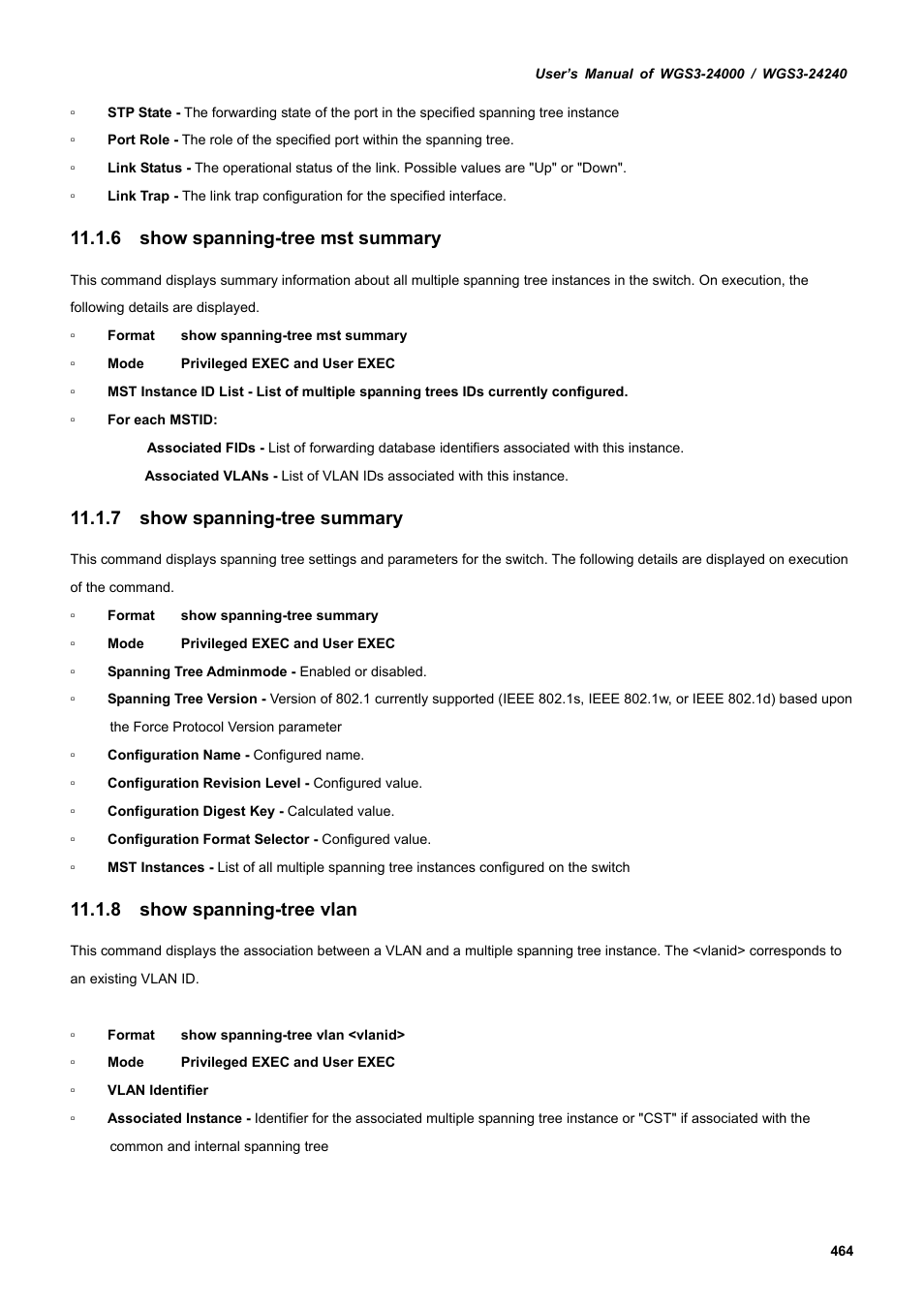 6 show spanning-tree mst summary, 7 show spanning-tree summary, 8 show spanning-tree vlan | PLANET WGS3-24240 User Manual | Page 464 / 570