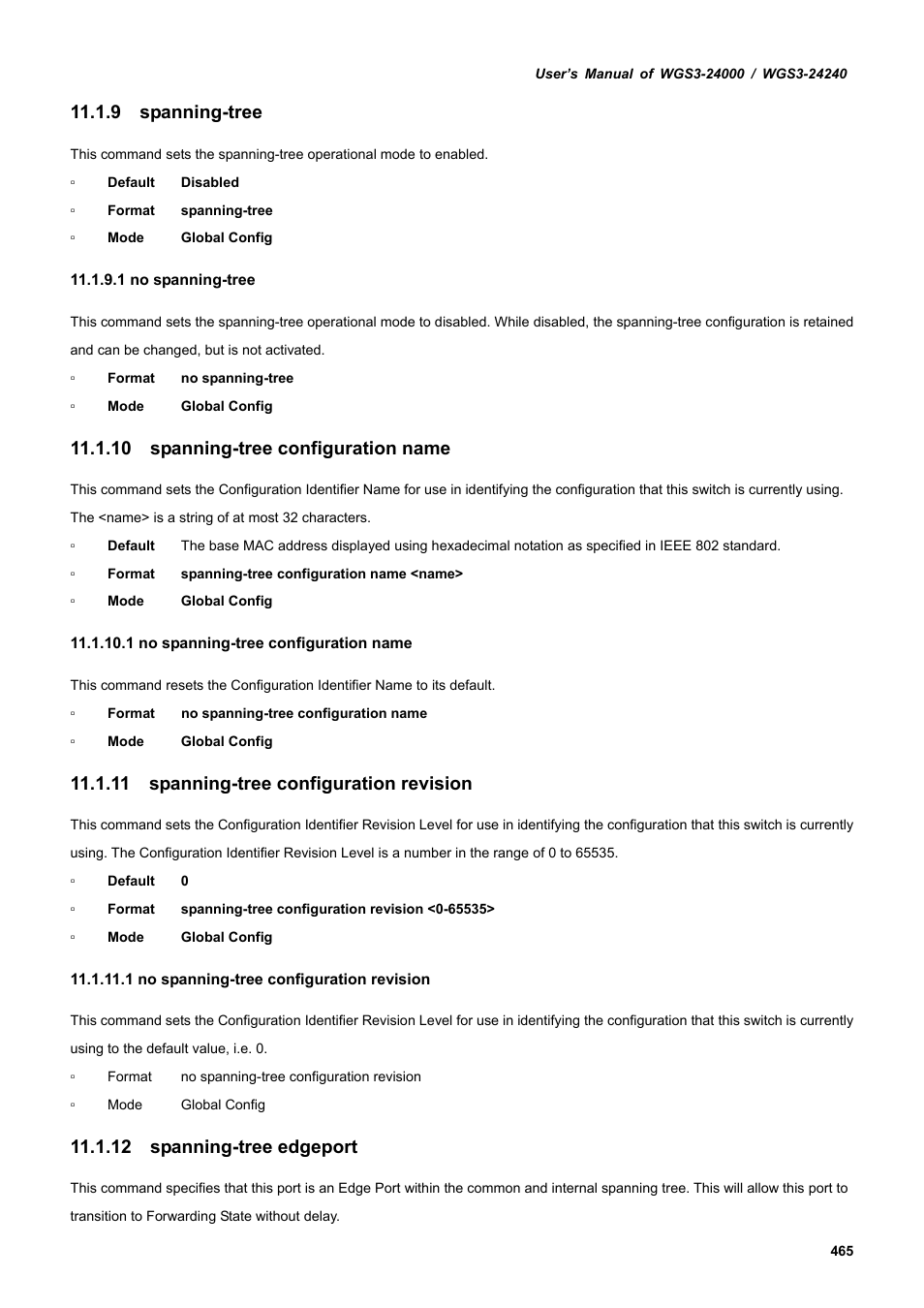 9 spanning-tree, 10 spanning-tree configuration name, 11 spanning-tree configuration revision | 12 spanning-tree edgeport | PLANET WGS3-24240 User Manual | Page 465 / 570