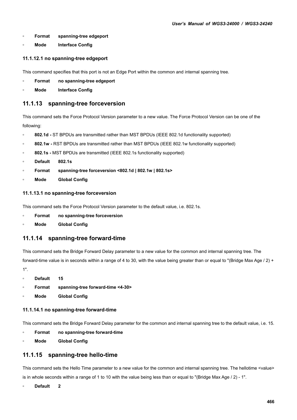 13 spanning-tree forceversion, 14 spanning-tree forward-time, 15 spanning-tree hello-time | PLANET WGS3-24240 User Manual | Page 466 / 570