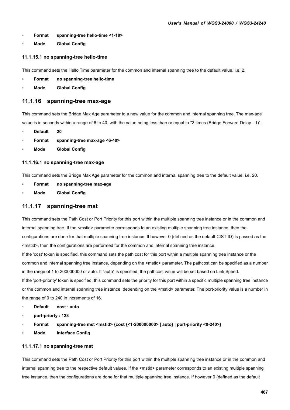 16 spanning-tree max-age, 17 spanning-tree mst | PLANET WGS3-24240 User Manual | Page 467 / 570