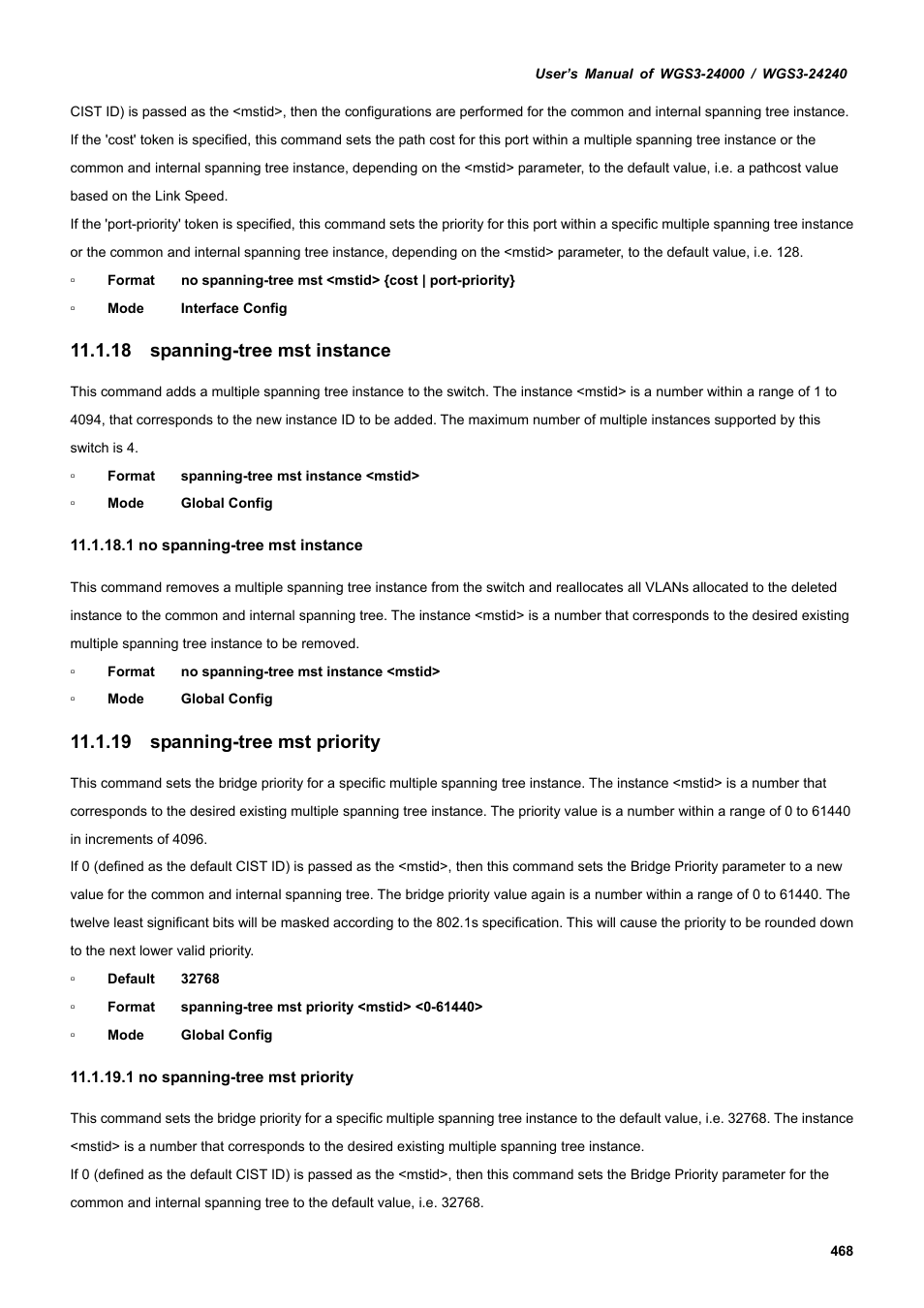 18 spanning-tree mst instance, 19 spanning-tree mst priority | PLANET WGS3-24240 User Manual | Page 468 / 570