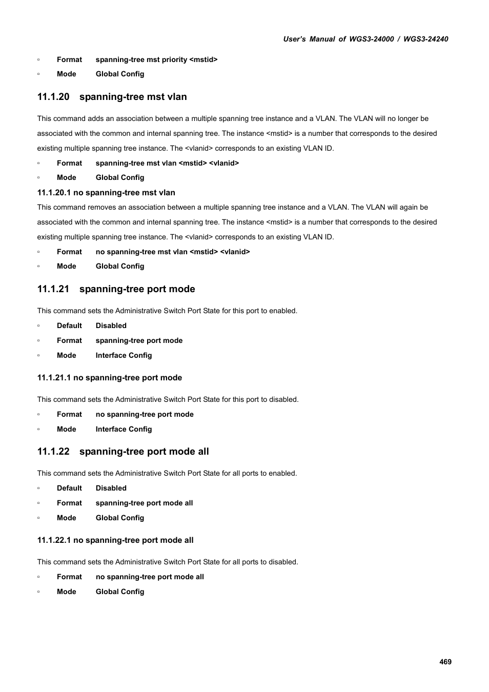 20 spanning-tree mst vlan, 21 spanning-tree port mode, 22 spanning-tree port mode all | PLANET WGS3-24240 User Manual | Page 469 / 570