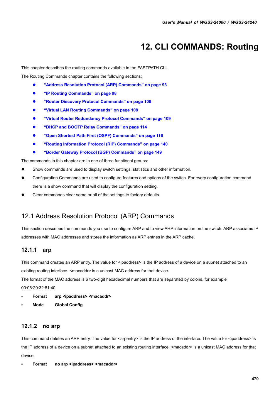 Cli commands: routing, 1 address resolution protocol (arp) commands, 1 arp | 2 no arp | PLANET WGS3-24240 User Manual | Page 470 / 570