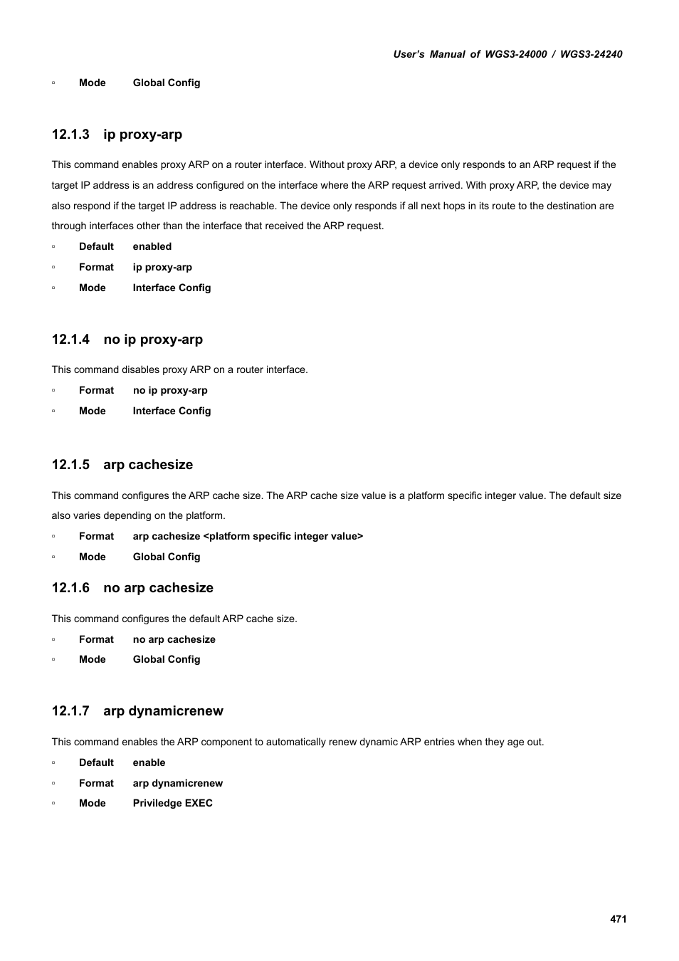 3 ip proxy-arp, 4 no ip proxy-arp, 5 arp cachesize | 6 no arp cachesize, 7 arp dynamicrenew | PLANET WGS3-24240 User Manual | Page 471 / 570