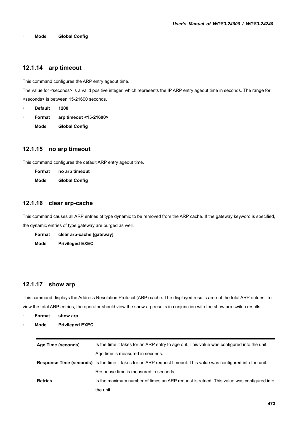 14 arp timeout, 15 no arp timeout, 16 clear arp-cache | 17 show arp | PLANET WGS3-24240 User Manual | Page 473 / 570