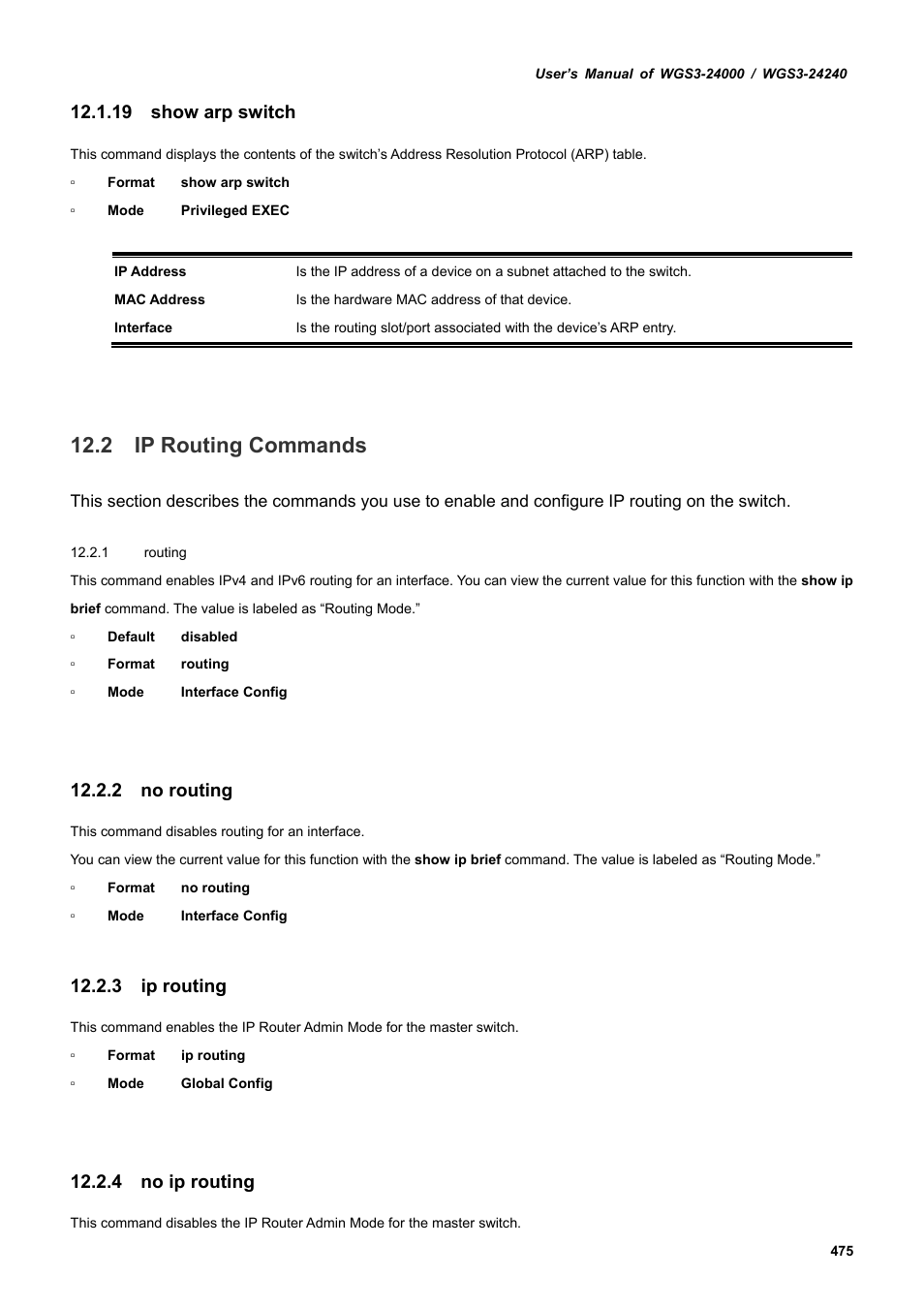 19 show arp switch, 2 ip routing commands, 2 no routing | 3 ip routing, 4 no ip routing | PLANET WGS3-24240 User Manual | Page 475 / 570