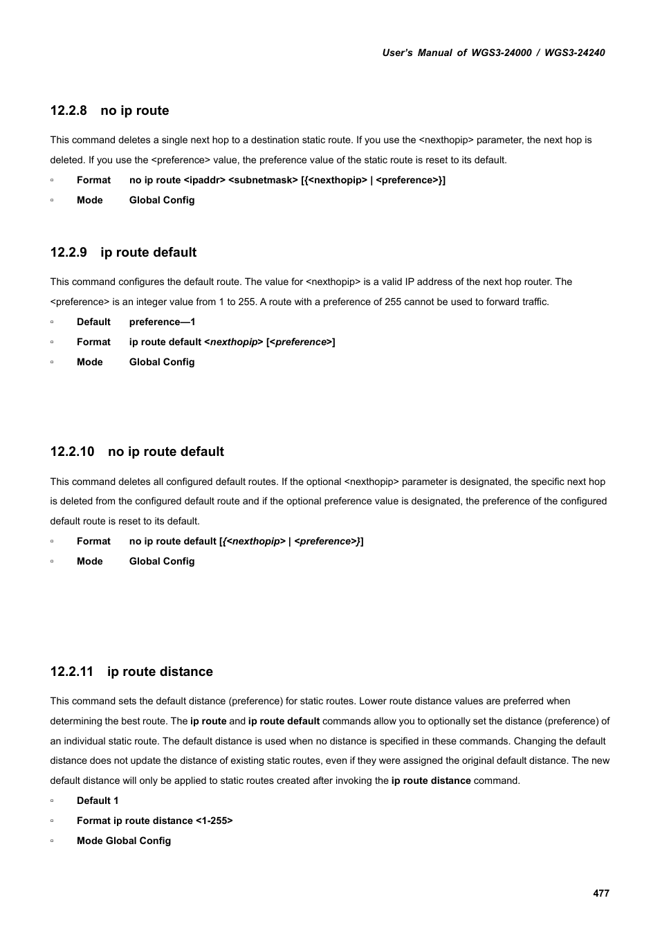 8 no ip route, 9 ip route default, 10 no ip route default | 11 ip route distance | PLANET WGS3-24240 User Manual | Page 477 / 570