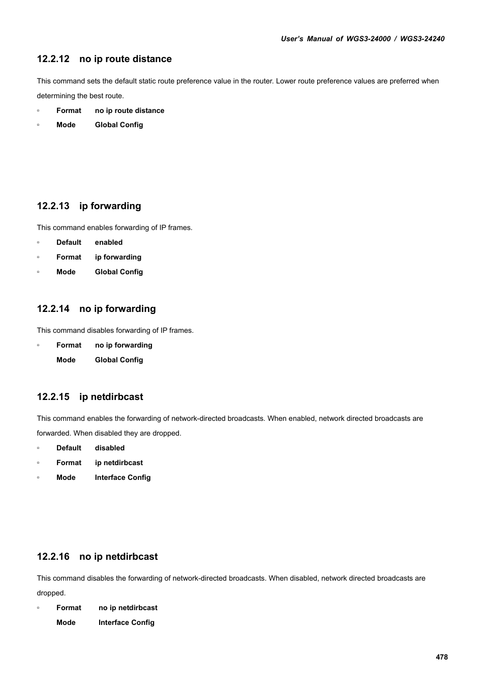 12 no ip route distance, 13 ip forwarding, 14 no ip forwarding | 15 ip netdirbcast, 16 no ip netdirbcast | PLANET WGS3-24240 User Manual | Page 478 / 570