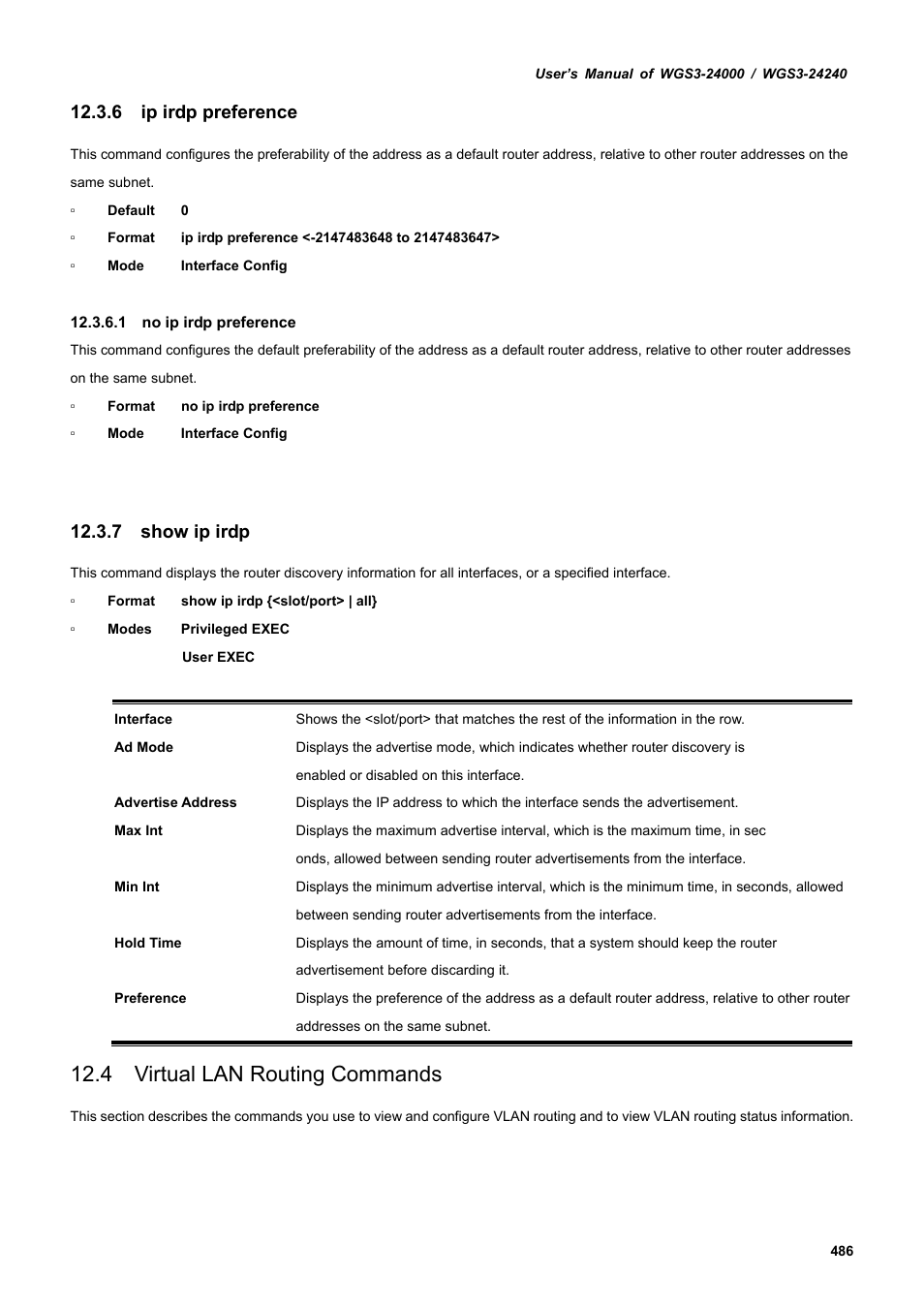 6 ip irdp preference, 7 show ip irdp, 4 virtual lan routing commands | PLANET WGS3-24240 User Manual | Page 486 / 570