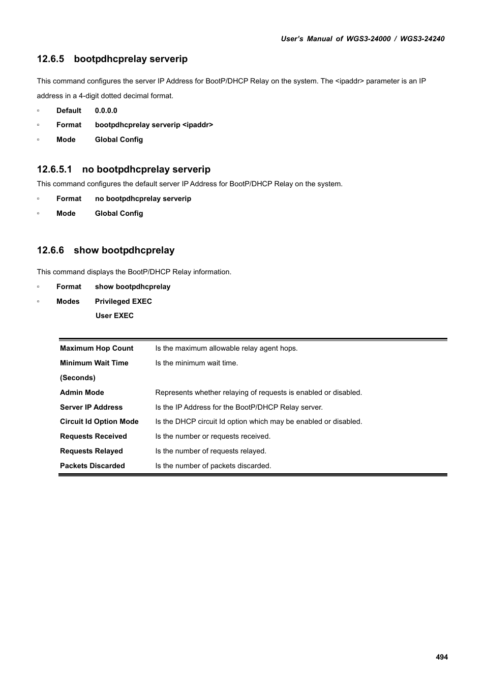 5 bootpdhcprelay serverip, 6 show bootpdhcprelay, 1 no bootpdhcprelay serverip | PLANET WGS3-24240 User Manual | Page 494 / 570