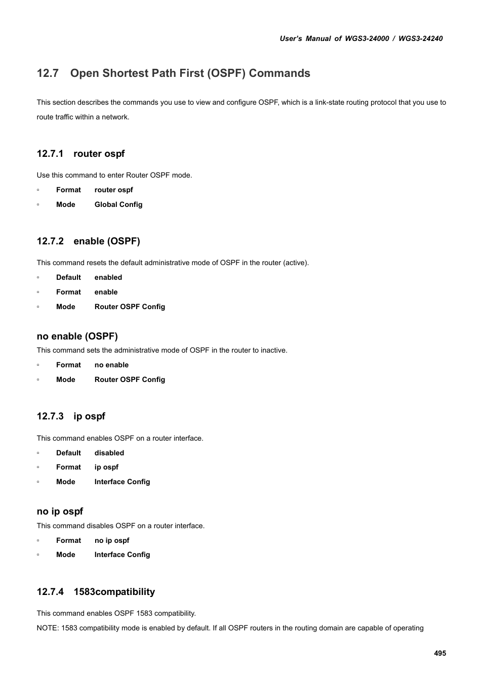 7 open shortest path first (ospf) commands, 1 router ospf, 2 enable (ospf) | 3 ip ospf, 4 1583compatibility, No enable (ospf), No ip ospf | PLANET WGS3-24240 User Manual | Page 495 / 570