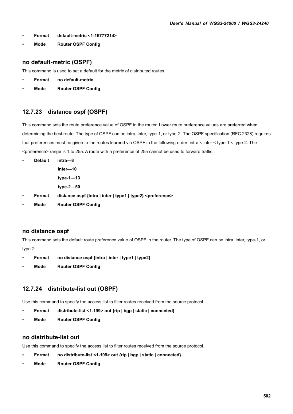 23 distance ospf (ospf), 24 distribute-list out (ospf), No default-metric (ospf) | No distance ospf, No distribute-list out | PLANET WGS3-24240 User Manual | Page 502 / 570