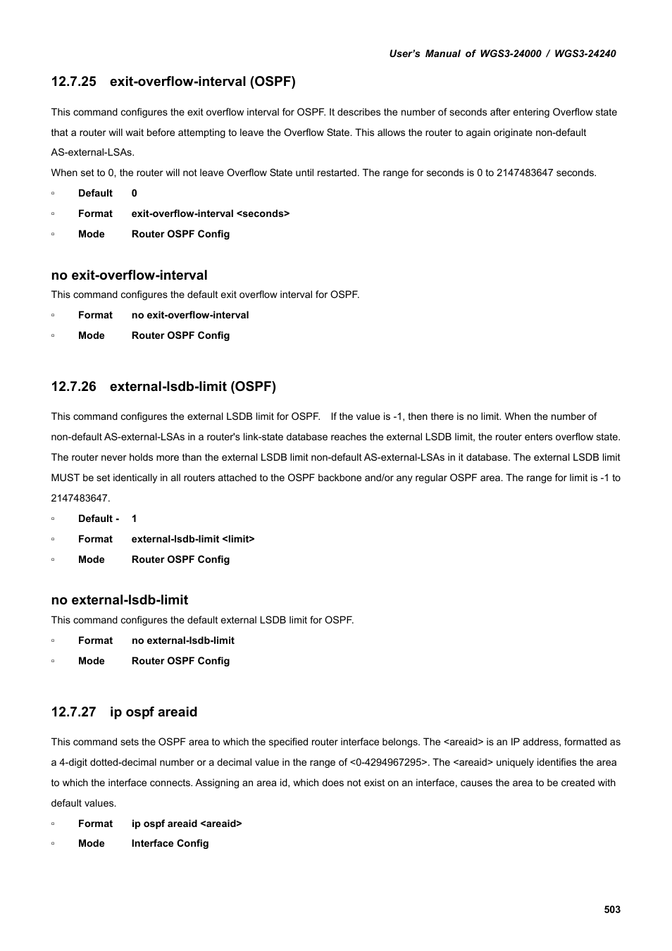 25 exit-overflow-interval (ospf), 26 external-lsdb-limit (ospf), 27 ip ospf areaid | No exit-overflow-interval, No external-lsdb-limit | PLANET WGS3-24240 User Manual | Page 503 / 570