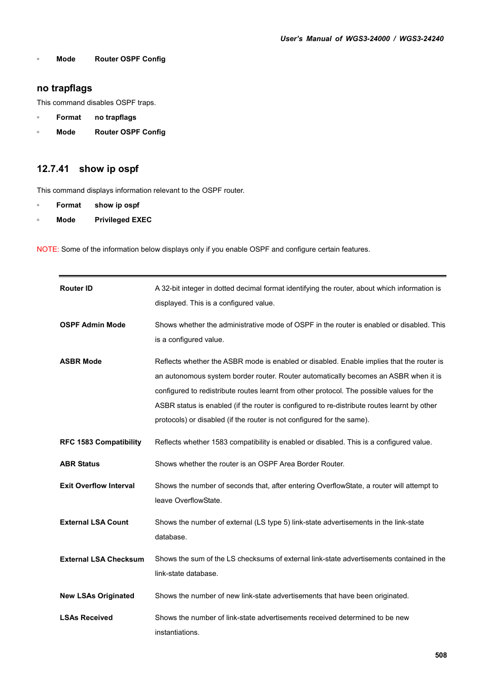 41 show ip ospf, No trapflags | PLANET WGS3-24240 User Manual | Page 508 / 570