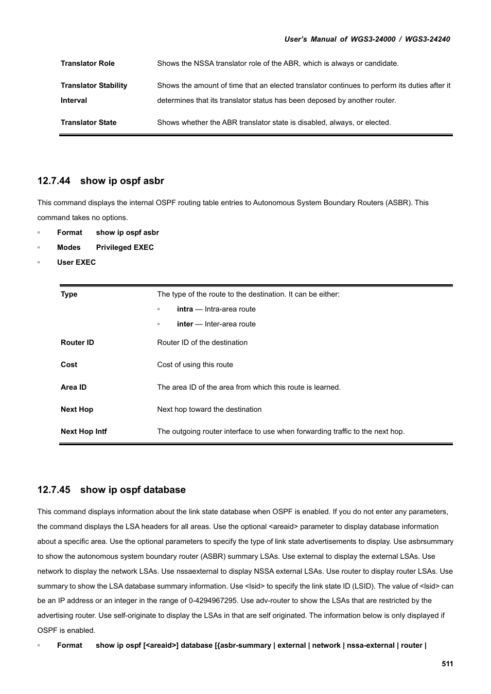 44 show ip ospf asbr, 45 show ip ospf database | PLANET WGS3-24240 User Manual | Page 511 / 570