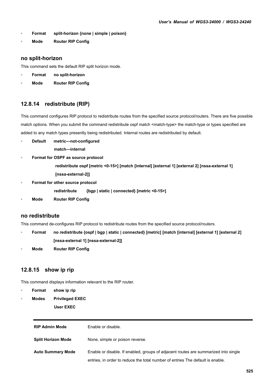 14 redistribute (rip), 15 show ip rip, No split-horizon | No redistribute | PLANET WGS3-24240 User Manual | Page 525 / 570