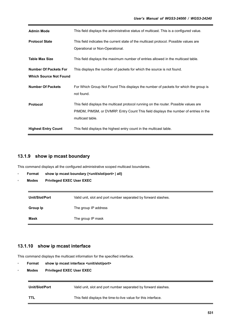 9 show ip mcast boundary, 10 show ip mcast interface | PLANET WGS3-24240 User Manual | Page 531 / 570