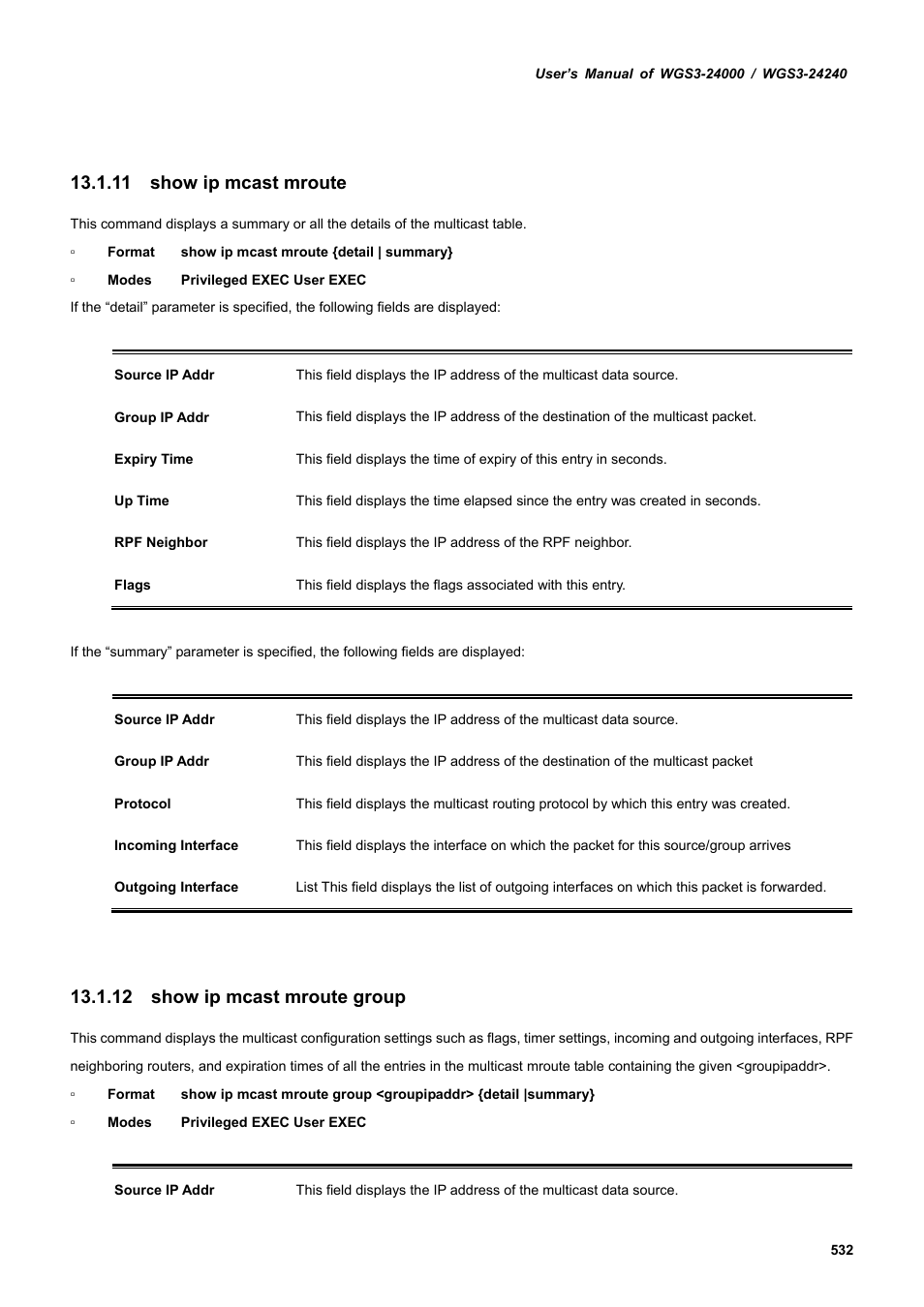 11 show ip mcast mroute, 12 show ip mcast mroute group | PLANET WGS3-24240 User Manual | Page 532 / 570