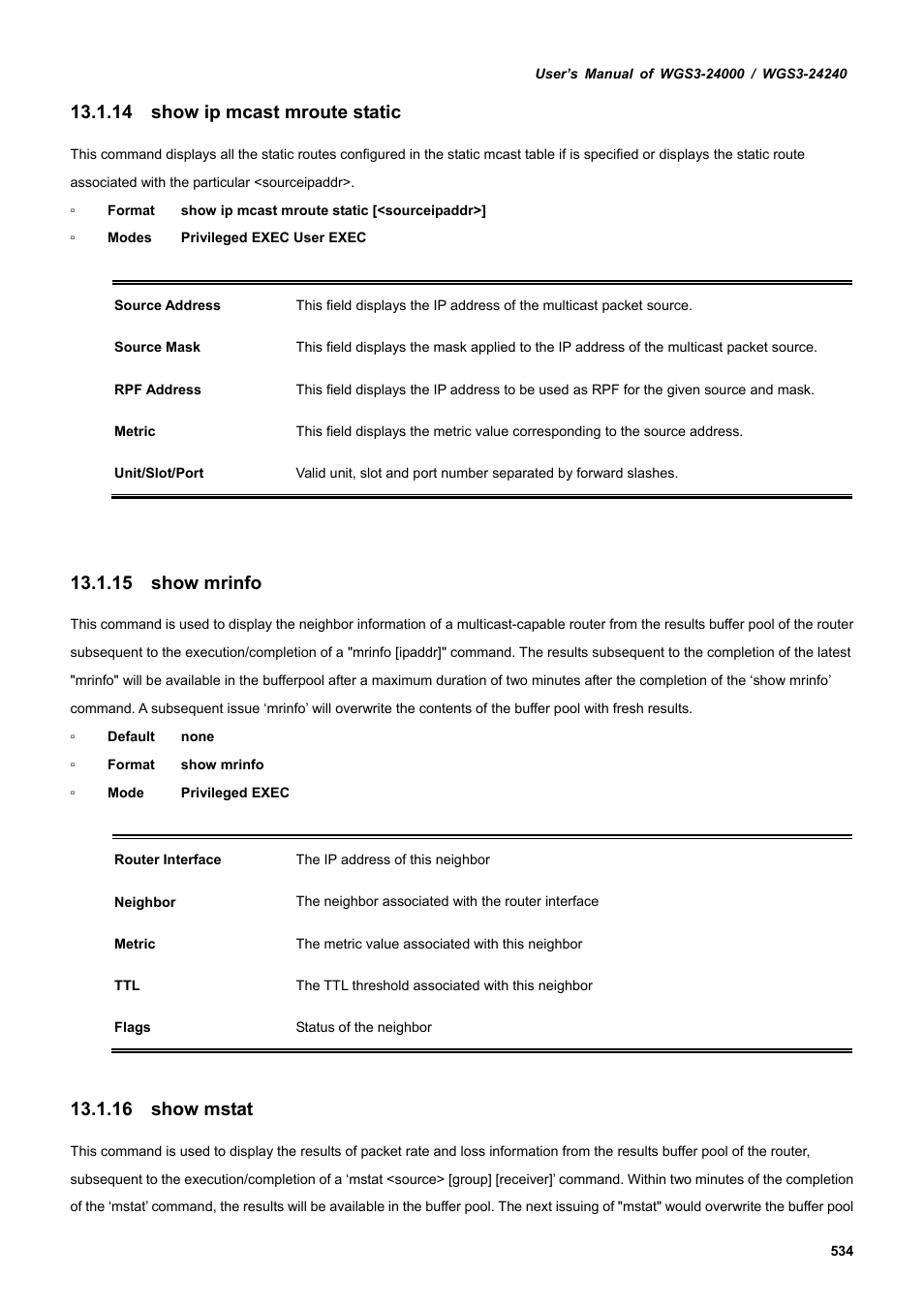 14 show ip mcast mroute static, 15 show mrinfo, 16 show mstat | PLANET WGS3-24240 User Manual | Page 534 / 570