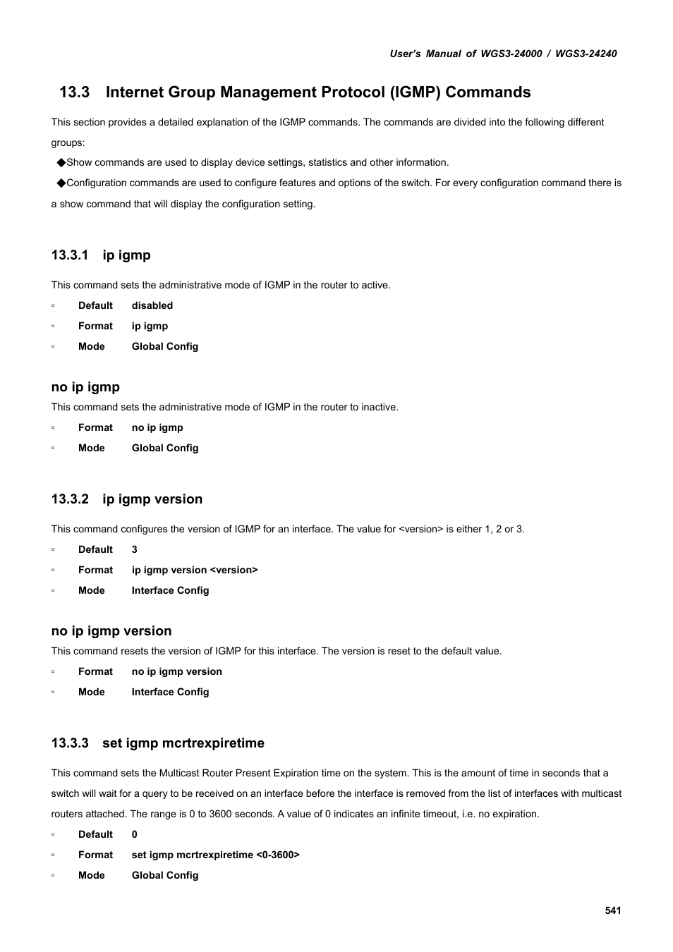 1 ip igmp, 2 ip igmp version, 3 set igmp mcrtrexpiretime | No ip igmp, No ip igmp version | PLANET WGS3-24240 User Manual | Page 541 / 570
