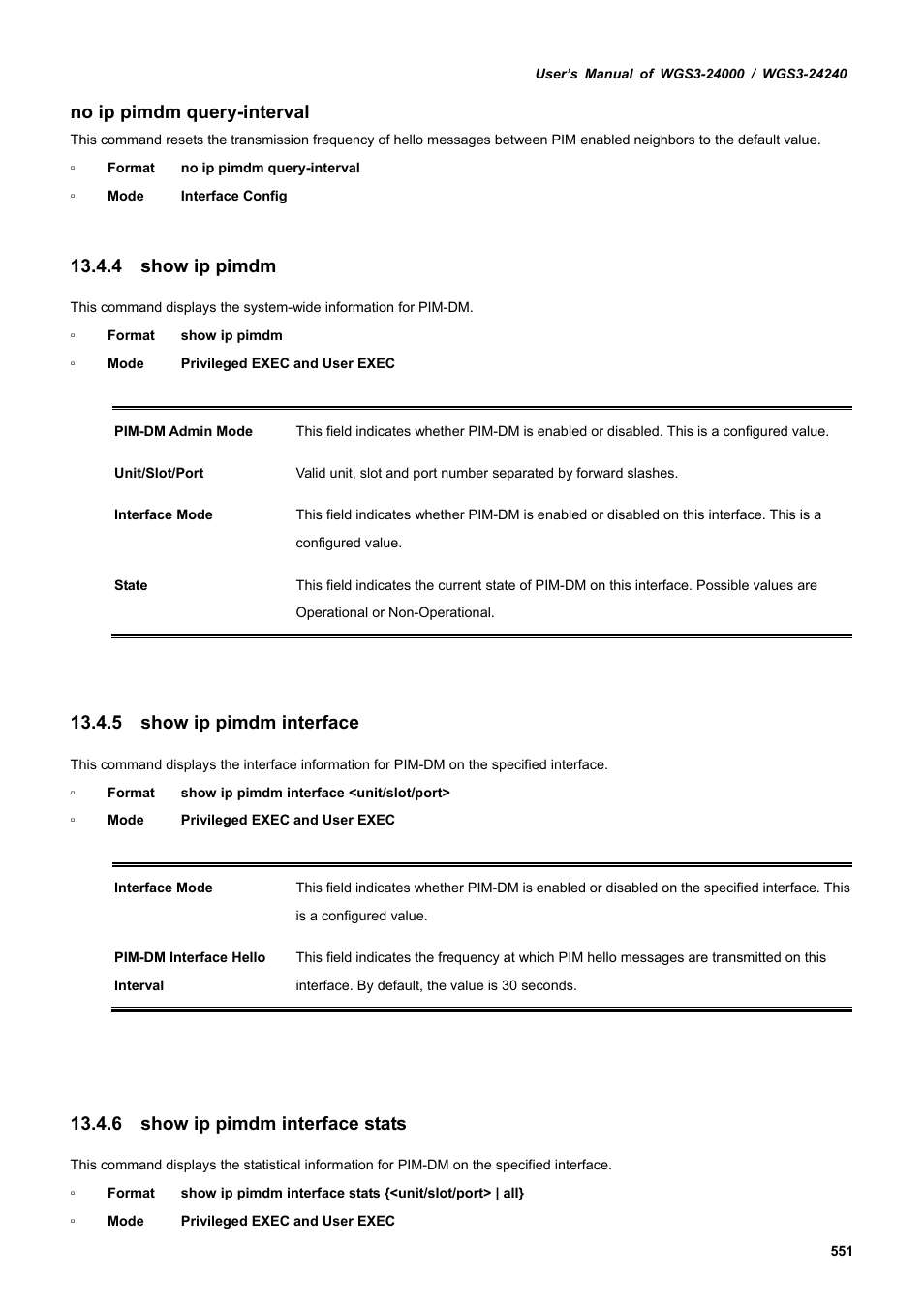 4 show ip pimdm, 5 show ip pimdm interface, 6 show ip pimdm interface stats | No ip pimdm query-interval | PLANET WGS3-24240 User Manual | Page 551 / 570