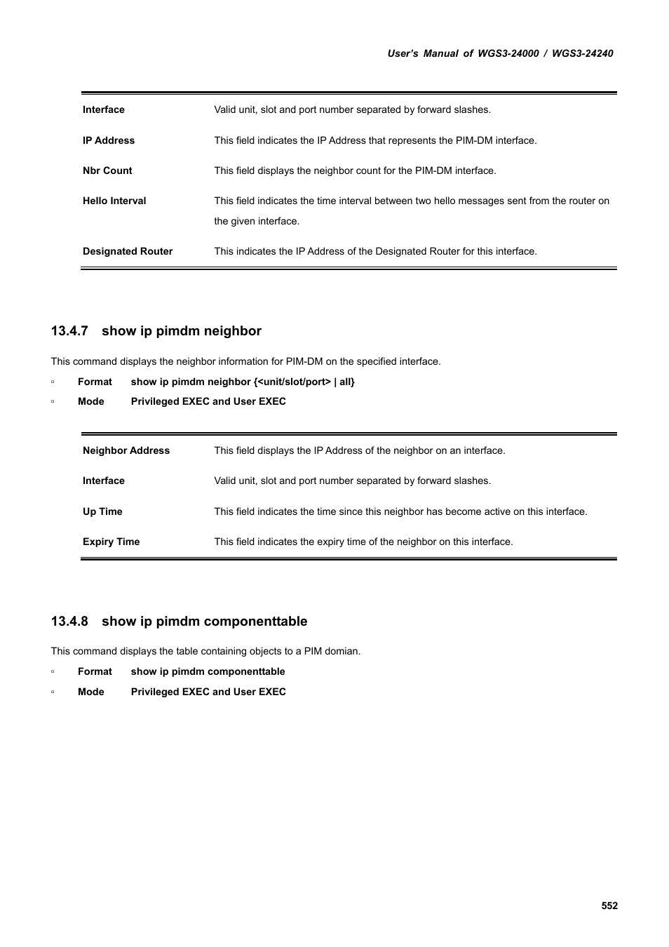 7 show ip pimdm neighbor, 8 show ip pimdm componenttable | PLANET WGS3-24240 User Manual | Page 552 / 570