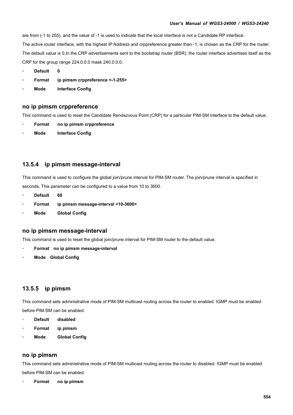 4 ip pimsm message-interval, 5 ip pimsm, No ip pimsm crppreference | No ip pimsm message-interval, No ip pimsm | PLANET WGS3-24240 User Manual | Page 554 / 570