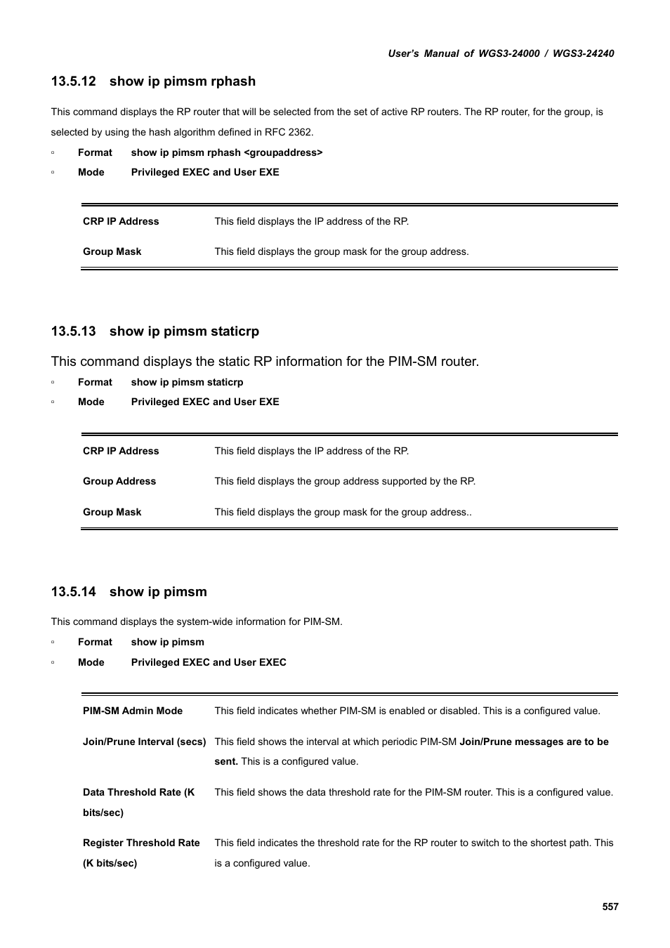 12 show ip pimsm rphash, 13 show ip pimsm staticrp, 14 show ip pimsm | PLANET WGS3-24240 User Manual | Page 557 / 570