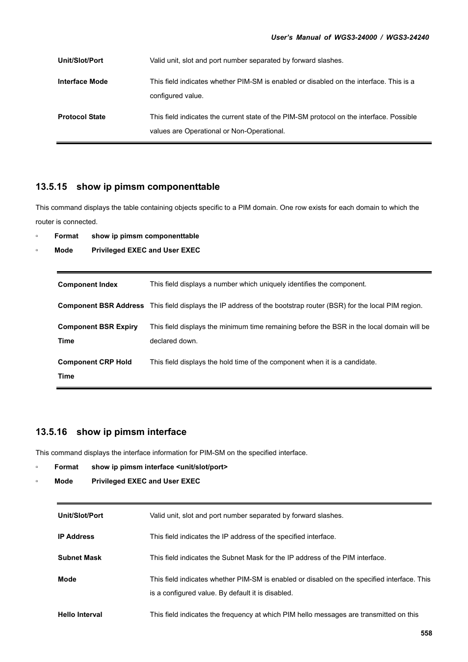 15 show ip pimsm componenttable, 16 show ip pimsm interface | PLANET WGS3-24240 User Manual | Page 558 / 570