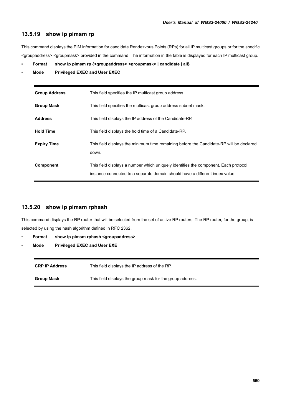 19 show ip pimsm rp, 20 show ip pimsm rphash | PLANET WGS3-24240 User Manual | Page 560 / 570