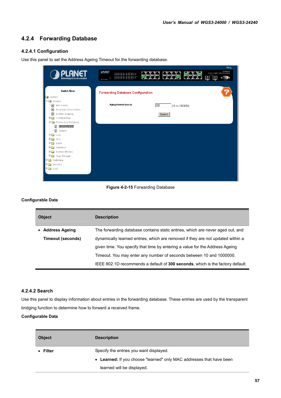 4 forwarding database | PLANET WGS3-24240 User Manual | Page 57 / 570