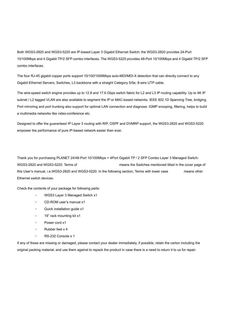 Introduction, 1 packet contents | PLANET WGS3-2820 User Manual | Page 19 / 528