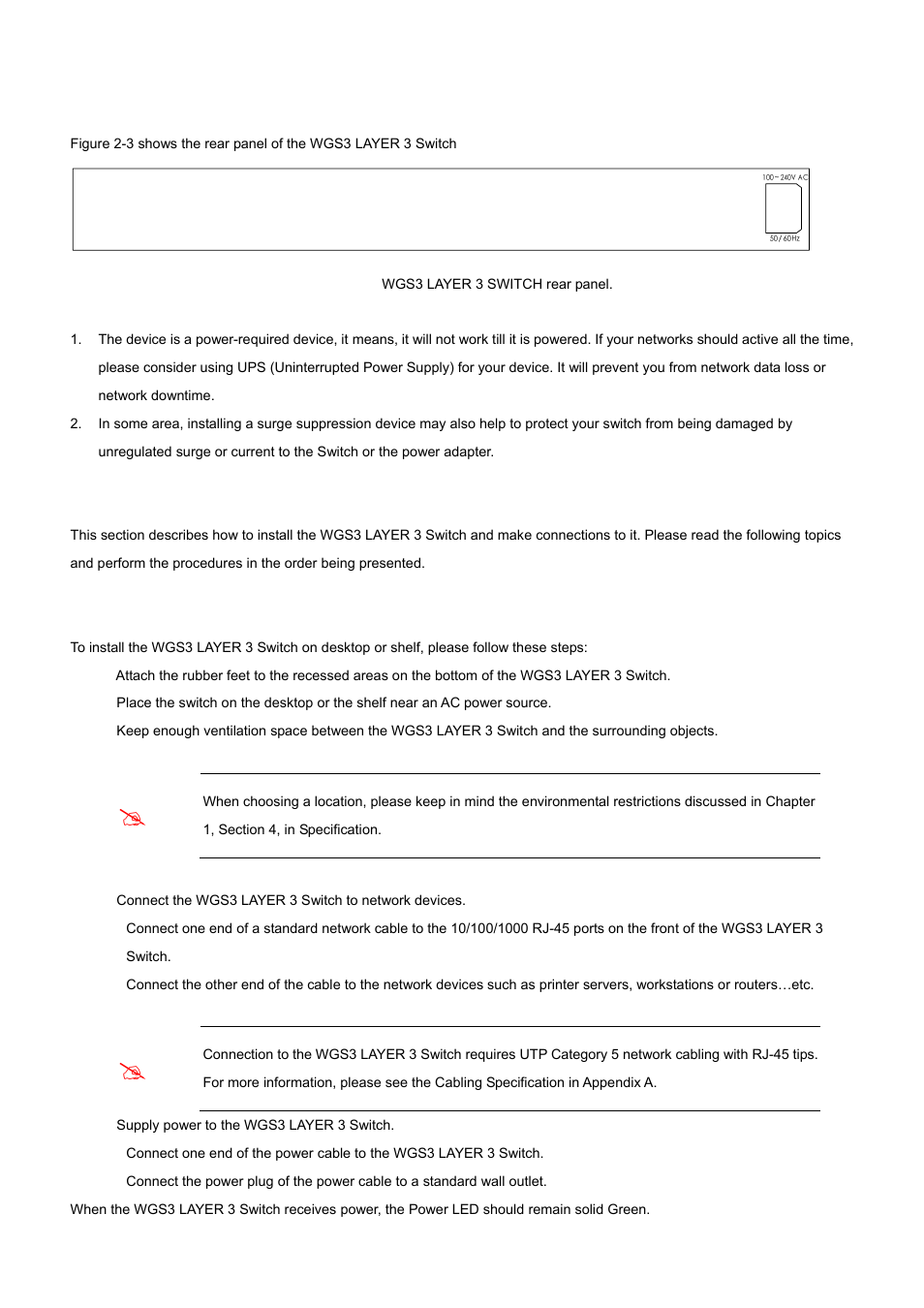 4 switch rear panel, 2 install the switch, 1 desktop installation | PLANET WGS3-2820 User Manual | Page 27 / 528