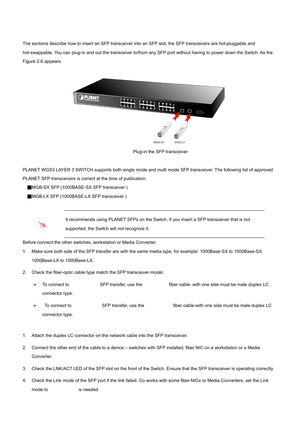 3 installing the sfp transceiver | PLANET WGS3-2820 User Manual | Page 29 / 528