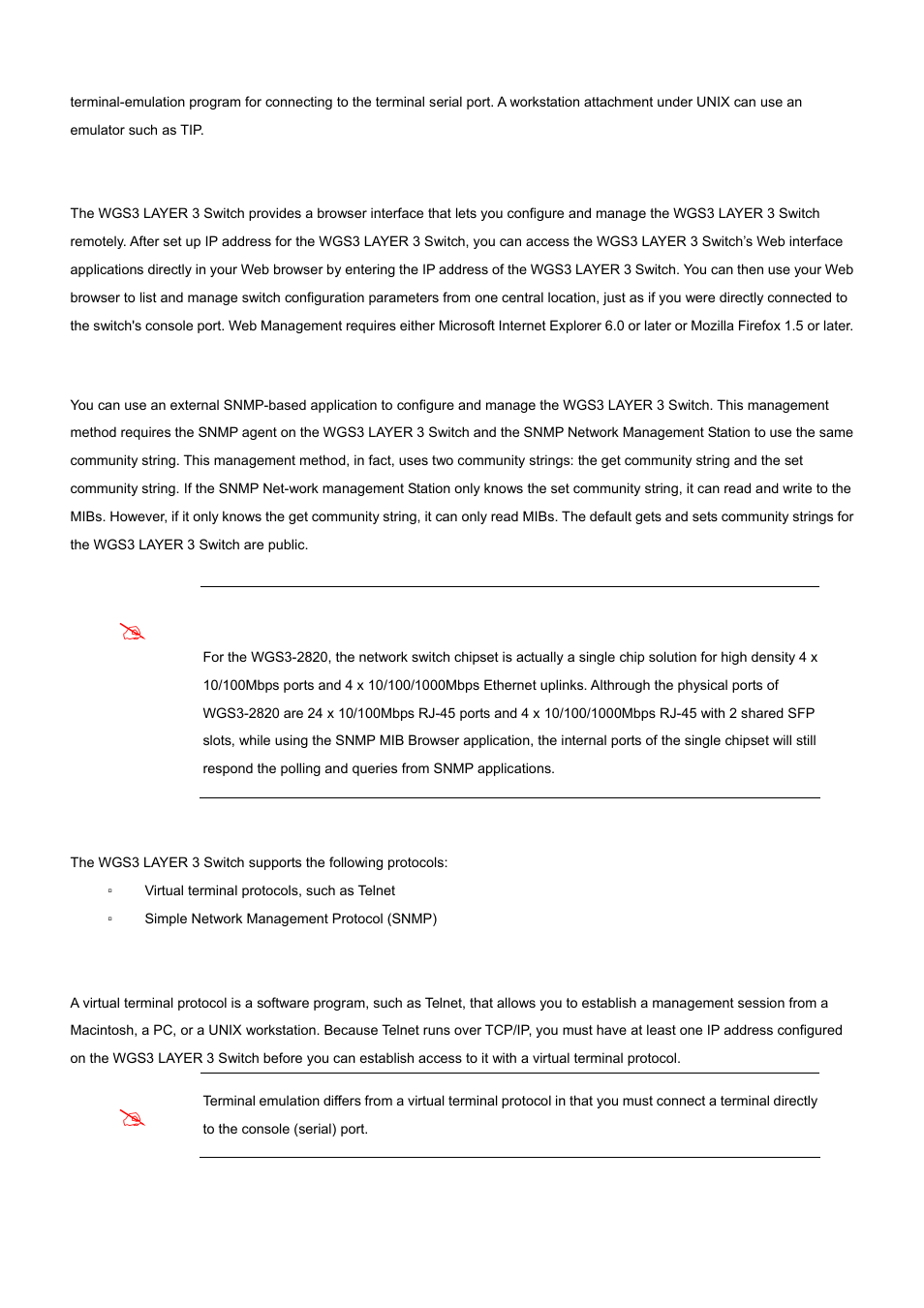 2 web management, 3 snmp-based network management, 4 protocols | 1 virtual terminal protocols | PLANET WGS3-2820 User Manual | Page 33 / 528
