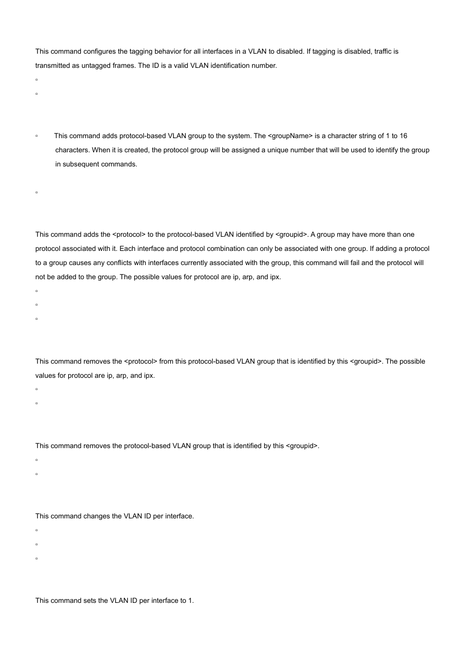 75 vlan protocol group, 76 vlan protocol group add protocol, 77 vlan protocol group remove | 78 vlan pvid | PLANET WGS3-2820 User Manual | Page 373 / 528